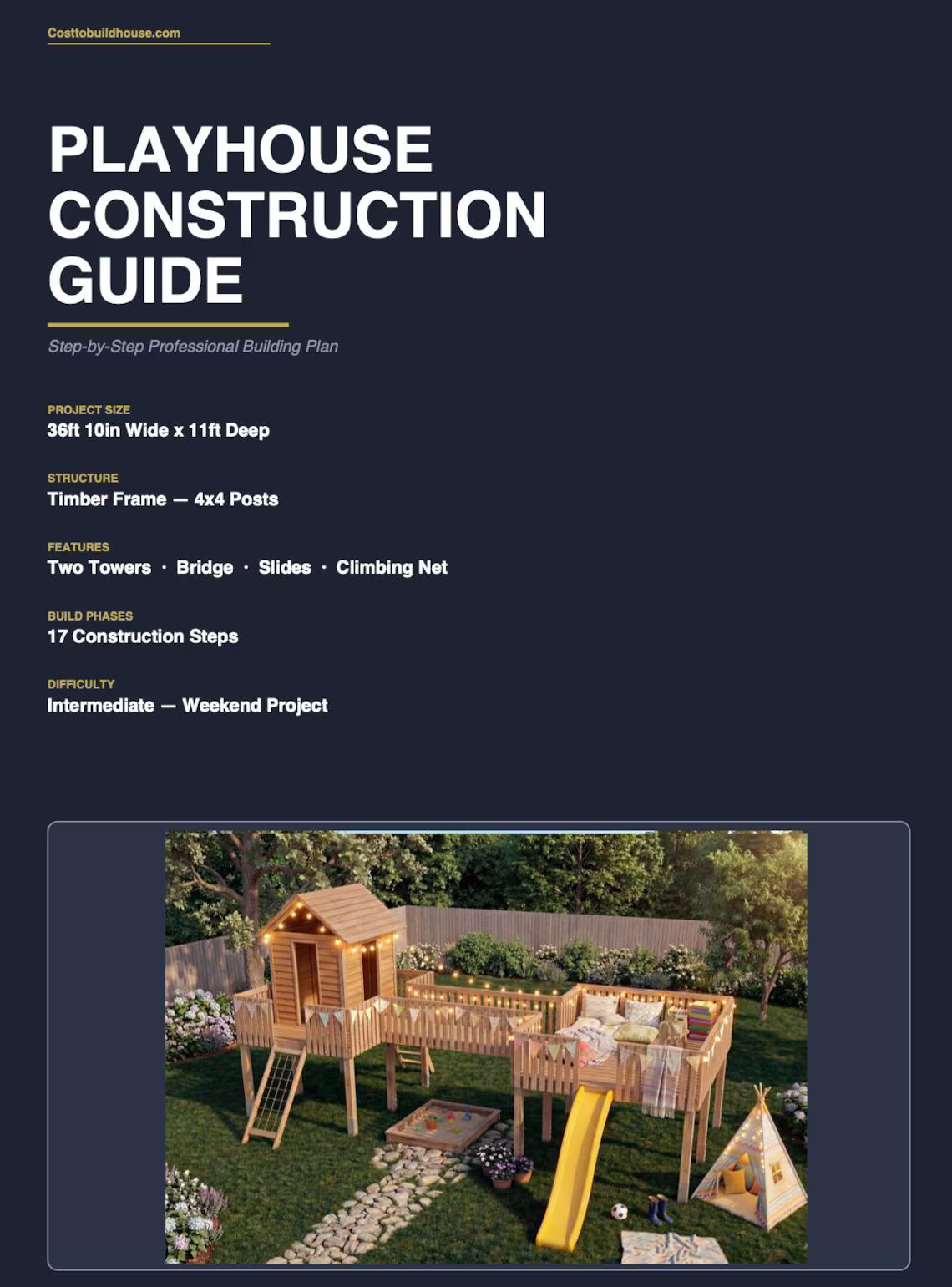 Luxury Wooden Playhouse Plans DIY | Kids Outdoor Playground with Bridge & Slide | Backyard Playset Blueprint PDF | Step-by-Step Build Guide