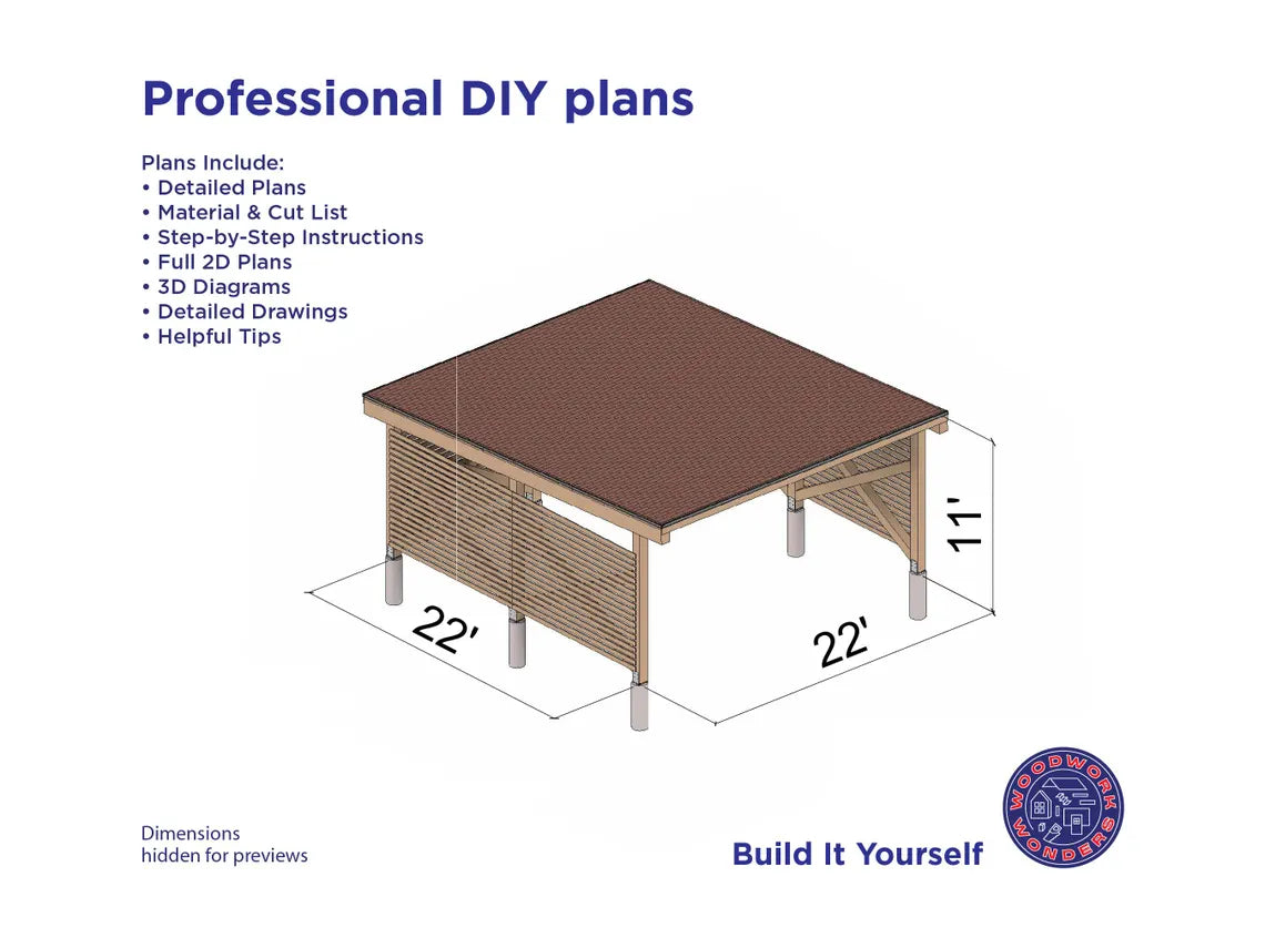 22x22 Carport Plans, Modern Pavilion / DIY Plans - Detailed Blueprints