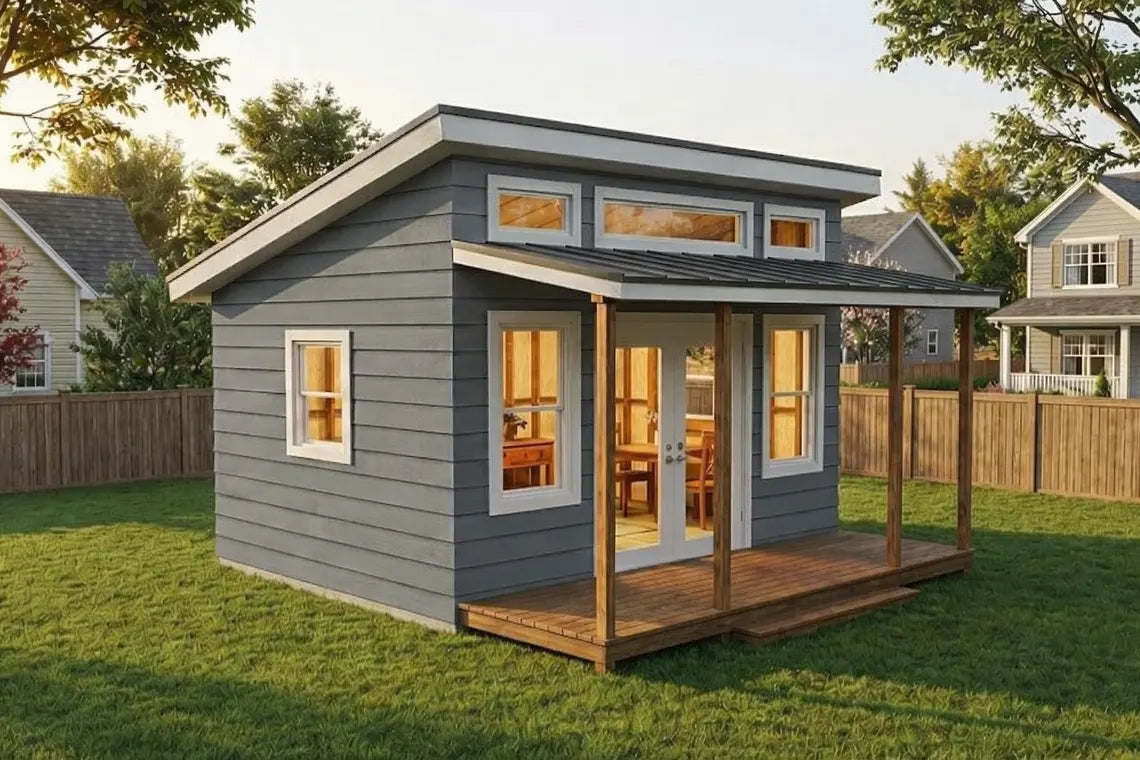 12x16 Modern Shed Plans with Porch – Backyard Office/Studio (PDF Download)