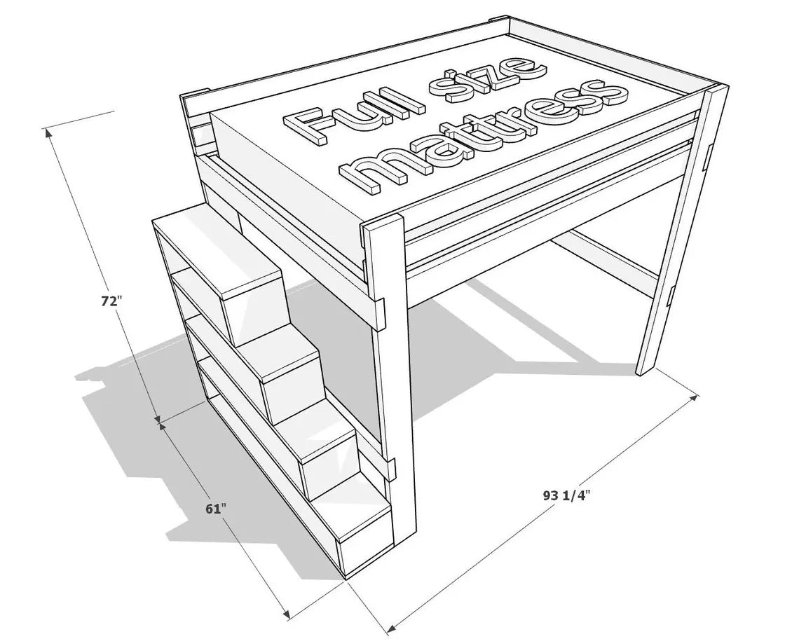 DIY Full Size Loft Bed Plan PDF: Built-In Stair Shelves, Beginner Friendly
