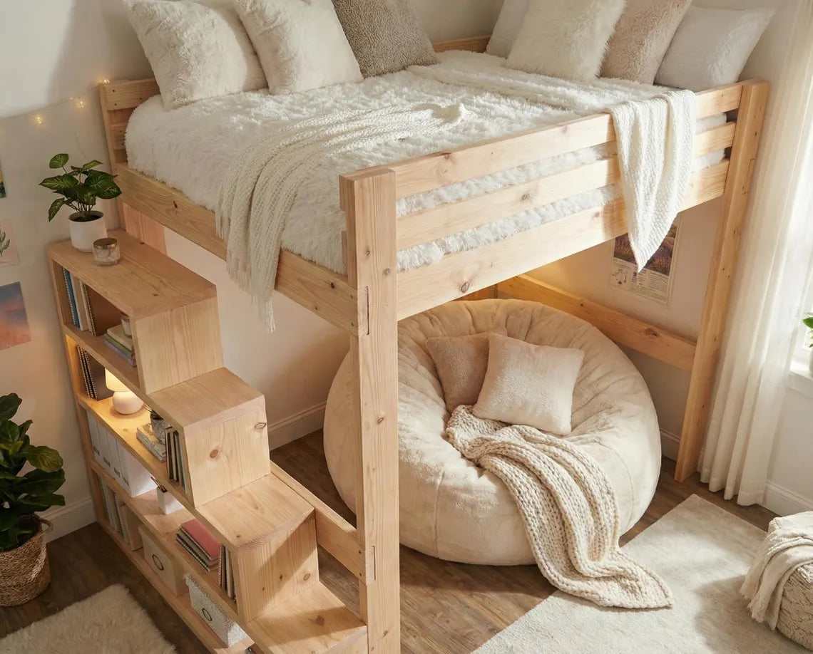 DIY Full Size Loft Bed Plan PDF: Built-In Stair Shelves, Beginner Friendly