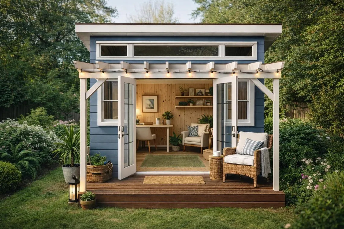 10x12 Guest House Shed Plans - Modern Office Shed with Deck Pergola Guide - PDF Download