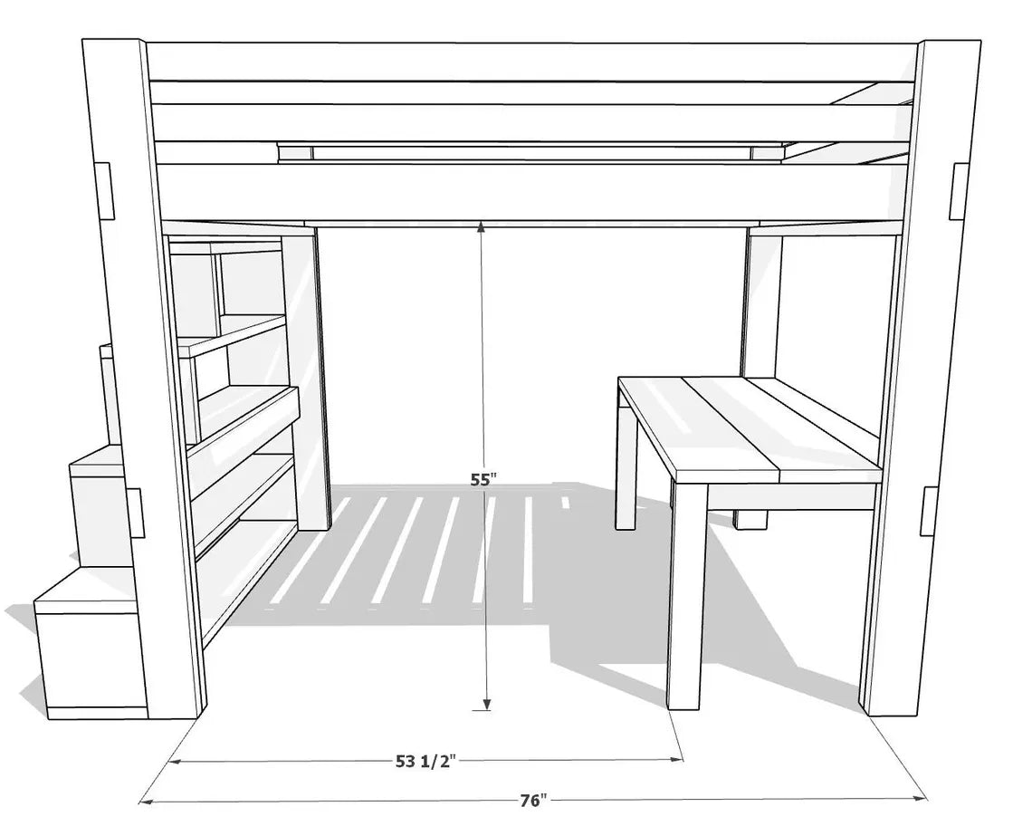 DIY Queen Size Loft Bed Plan PDF: Built-In Stair Shelves, Desk Included