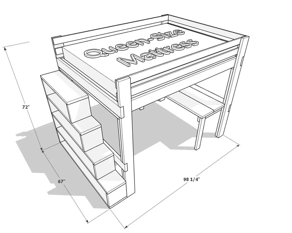 DIY Queen Size Loft Bed Plan PDF: Built-In Stair Shelves, Desk Included