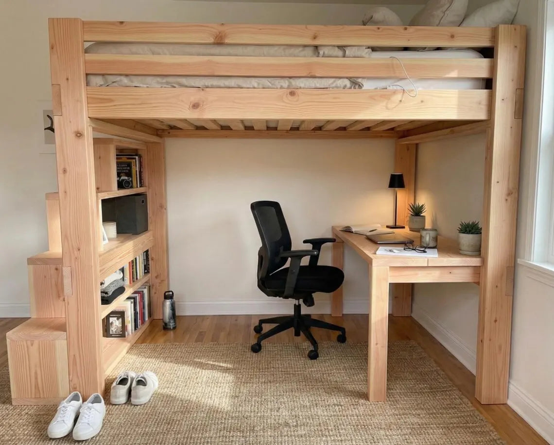 DIY Queen Size Loft Bed Plan PDF: Built-In Stair Shelves, Desk Included