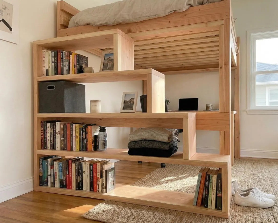 DIY Queen Size Loft Bed Plan PDF: Built-In Stair Shelves, Desk Included