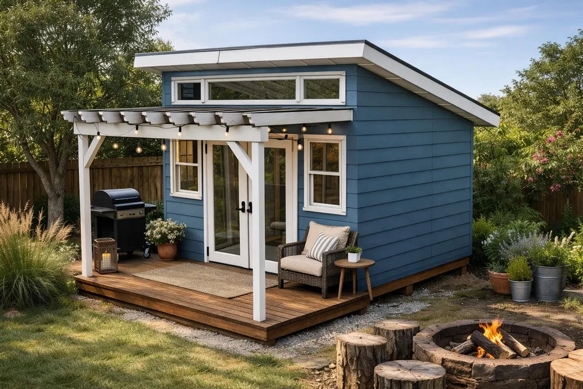 10x12 Guest House Shed Plans - Modern Office Shed with Deck Pergola Guide - PDF Download