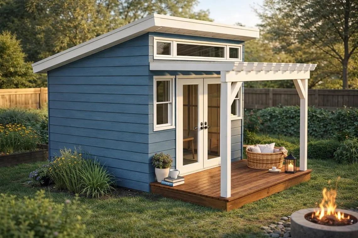 10x12 Guest House Shed Plans - Modern Office Shed with Deck Pergola Guide - PDF Download
