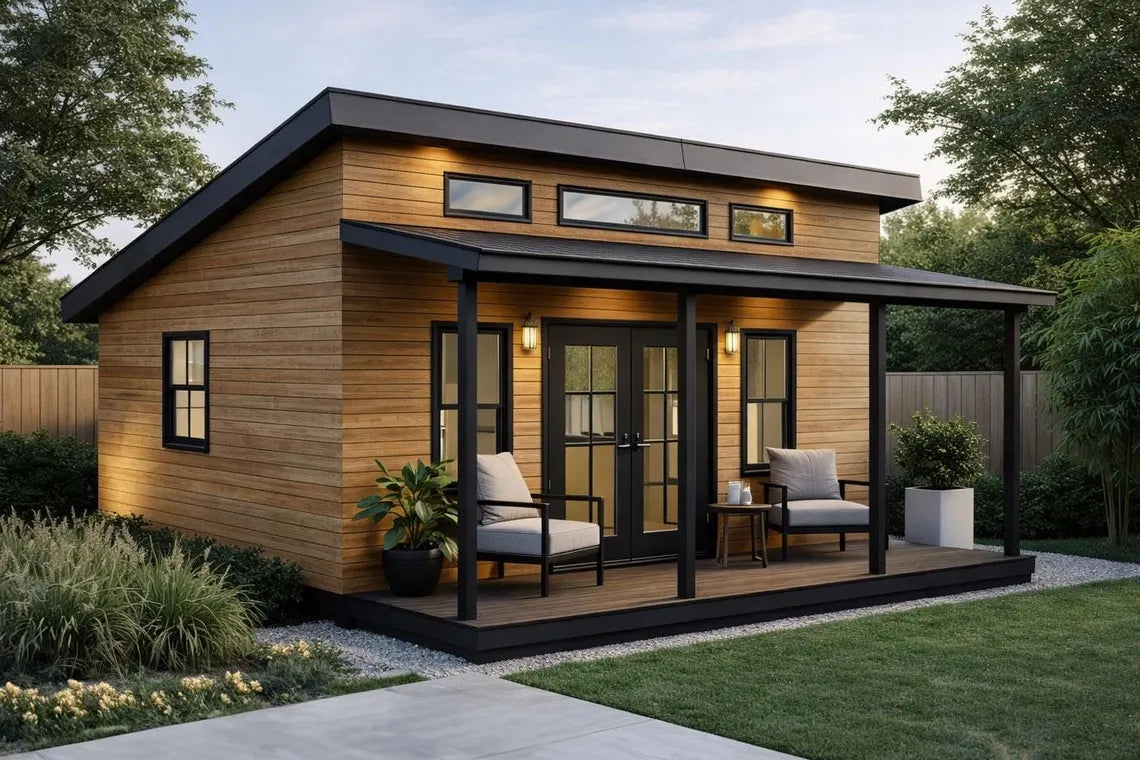 12x16 Modern Shed Plans with Porch – Backyard Office/Studio (PDF Download)