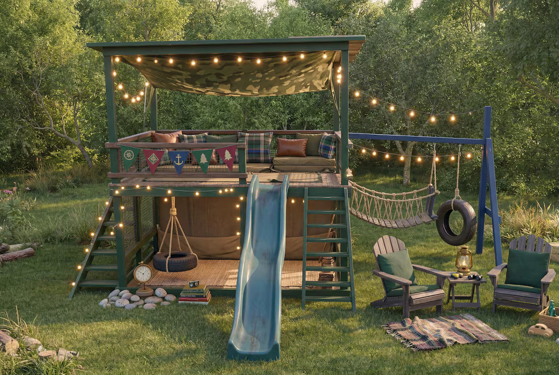 DIY Adventure Playhouse Plans with Slide & Swing | Backyard Kids Playground | Step-by-Step PDF Guide, Material List | Wooden Outdoor Playset