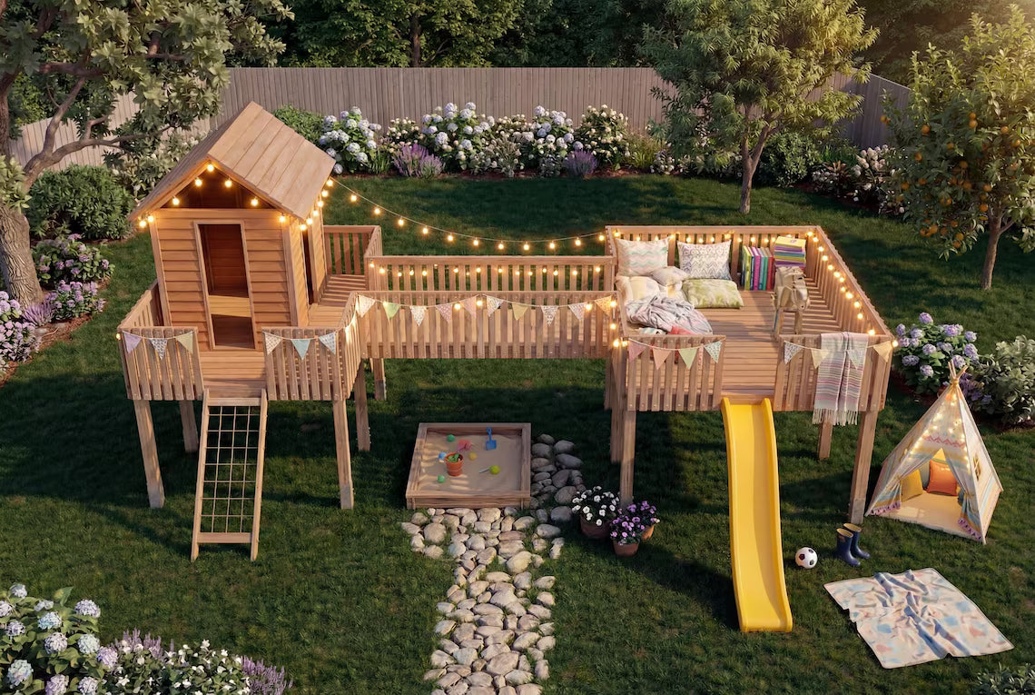 Luxury Wooden Playhouse Plans DIY | Kids Outdoor Playground with Bridge & Slide | Backyard Playset Blueprint PDF | Step-by-Step Build Guide