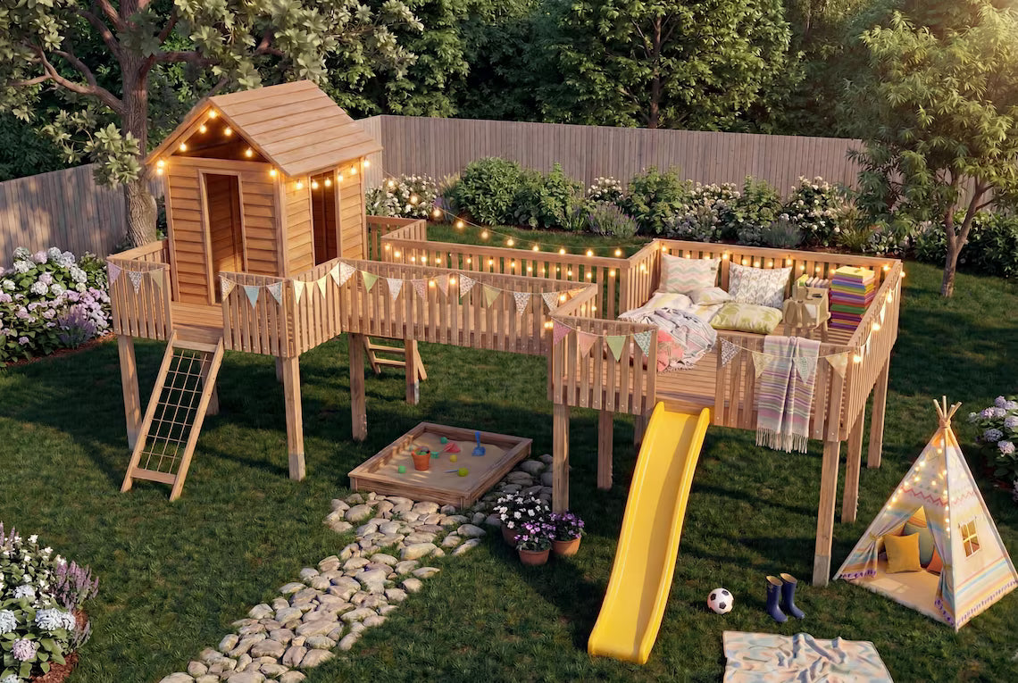 Luxury Wooden Playhouse Plans DIY | Kids Outdoor Playground with Bridge & Slide | Backyard Playset Blueprint PDF | Step-by-Step Build Guide