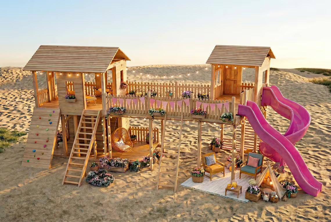 Kids Playhouse Plans with Slide & Bridge, Outdoor Wooden Playground DIY, Backyard Playset PDF, Step by Step Build