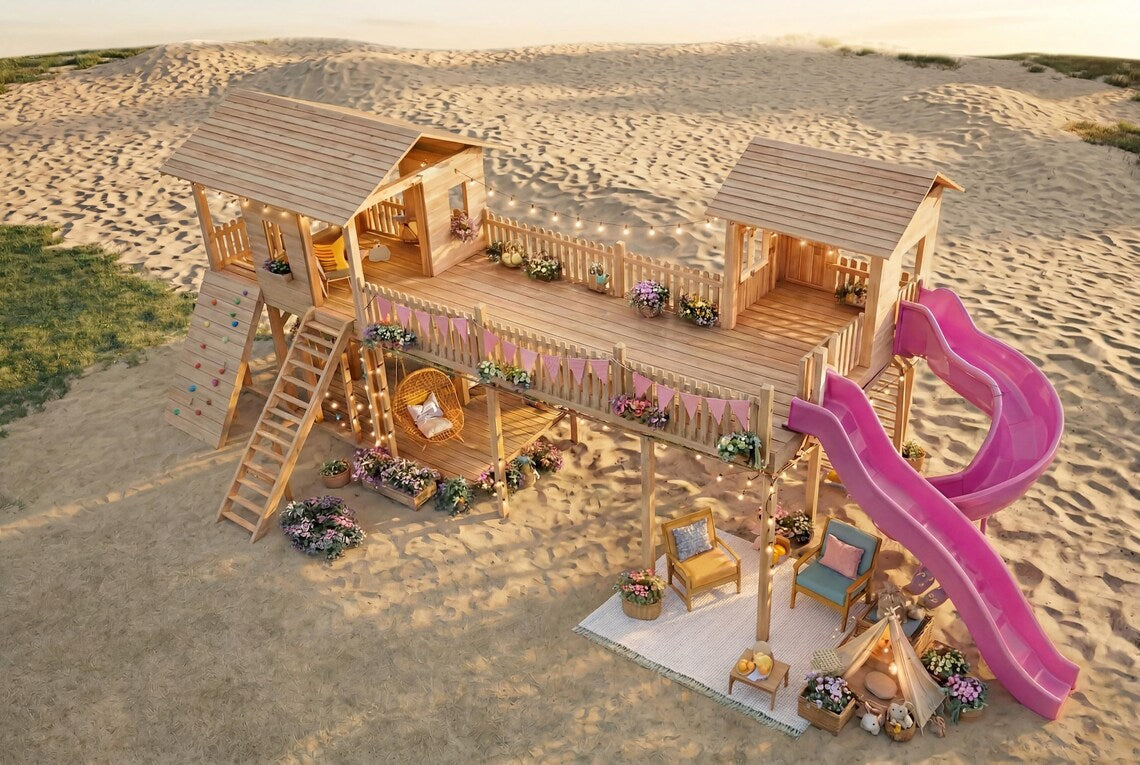Kids Playhouse Plans with Slide & Bridge, Outdoor Wooden Playground DIY, Backyard Playset PDF, Step by Step Build