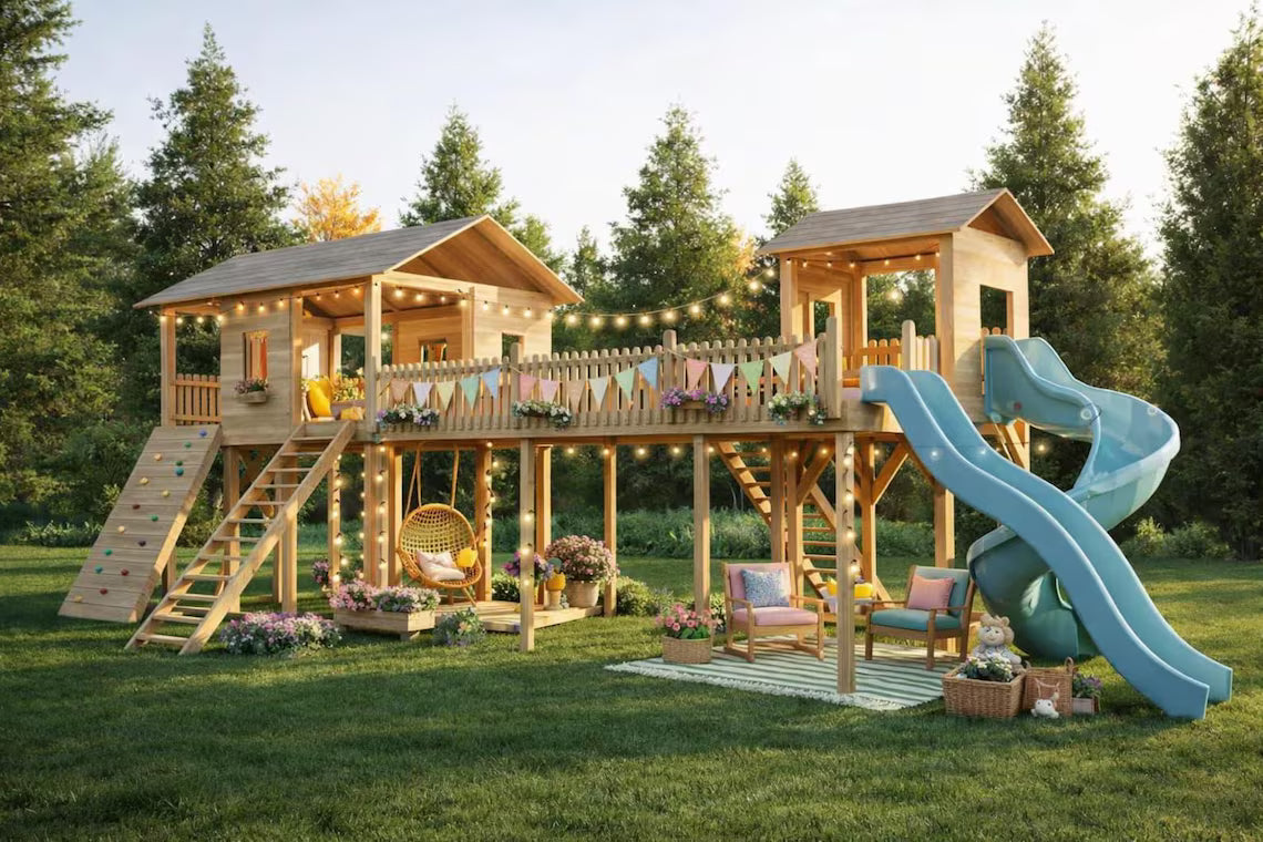 Kids Playhouse Plans PDF, DIY Outdoor Playground Set, Wooden Fort with Bridge & Slide, Backyard Playhouse Build Plans, Construction Drawings