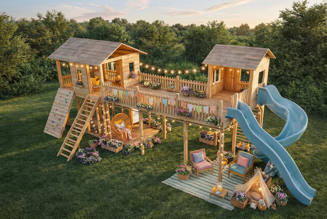 Kids Playhouse Plans PDF, DIY Outdoor Playground Set, Wooden Fort with Bridge & Slide, Backyard Playhouse Build Plans, Construction Drawings