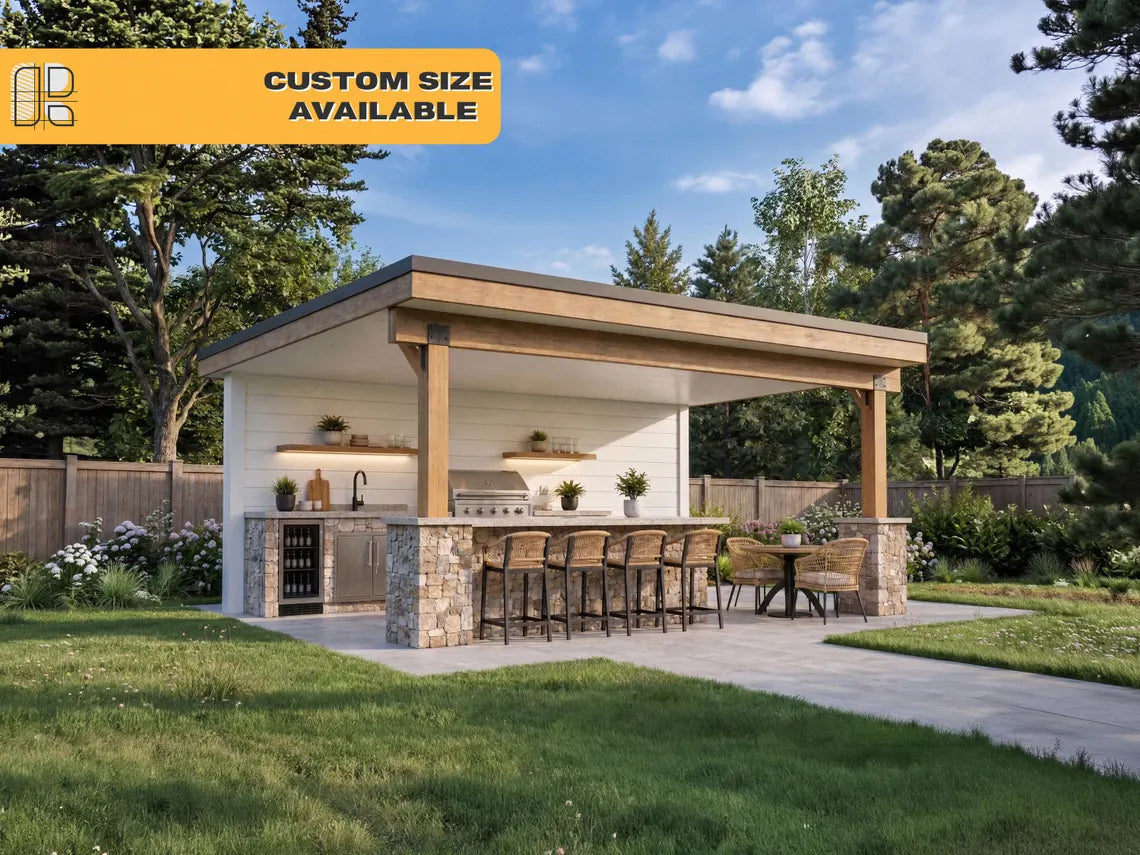 24x16 Monoslope Pavilion Plans, Modern Outdoor Kitchen Pavilion, Shed Roof Patio Cover, Backyard Pavilion DIY Plans, Poolside Bar Structure