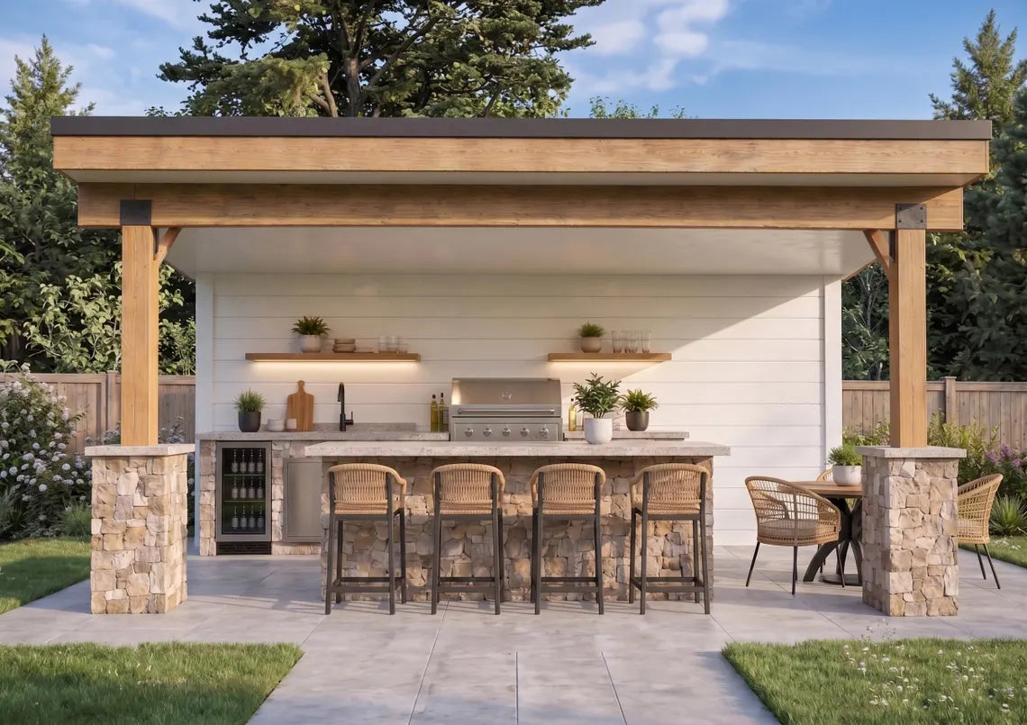24x16 Monoslope Pavilion Plans, Modern Outdoor Kitchen Pavilion, Shed Roof Patio Cover, Backyard Pavilion DIY Plans, Poolside Bar Structure