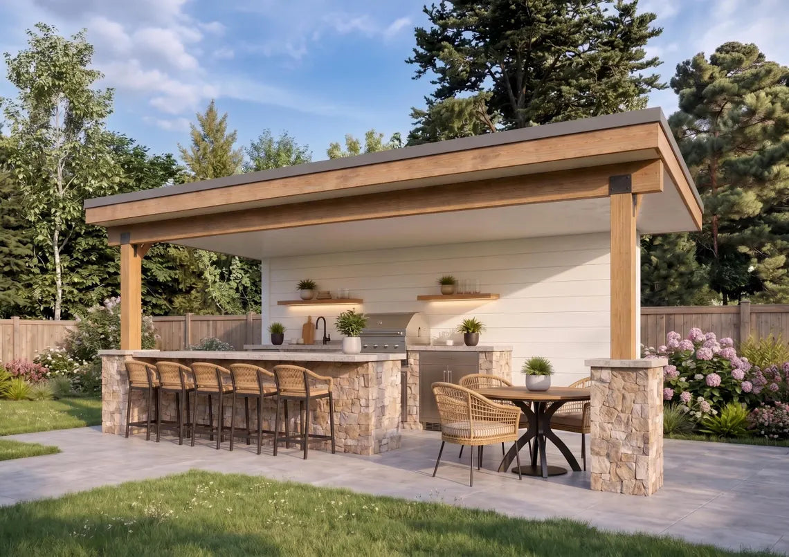 24x16 Monoslope Pavilion Plans, Modern Outdoor Kitchen Pavilion, Shed Roof Patio Cover, Backyard Pavilion DIY Plans, Poolside Bar Structure