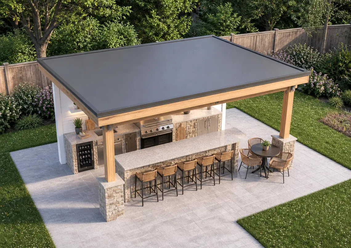 24x16 Monoslope Pavilion Plans, Modern Outdoor Kitchen Pavilion, Shed Roof Patio Cover, Backyard Pavilion DIY Plans, Poolside Bar Structure