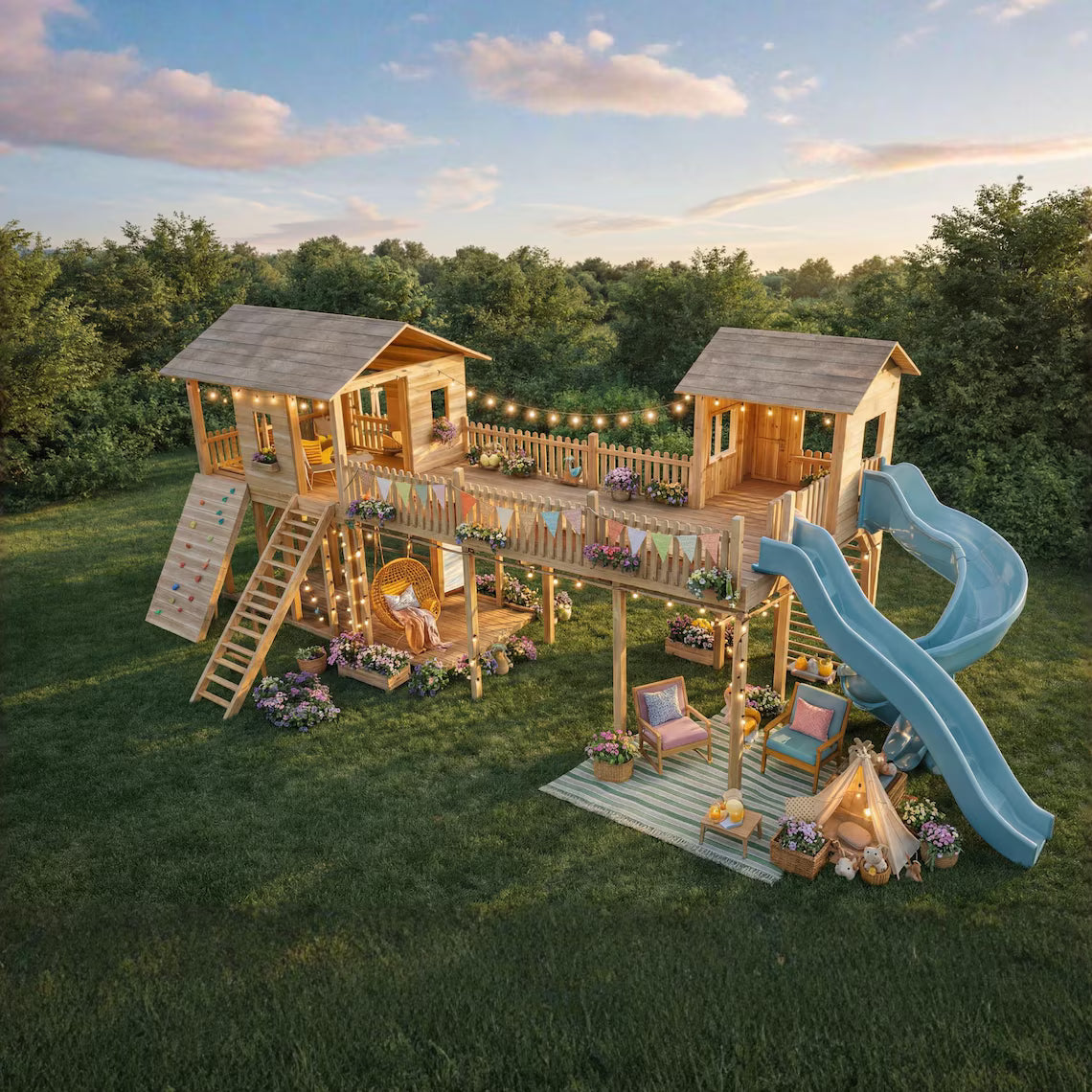 Kids Playhouse Plans PDF, DIY Outdoor Playground Set, Wooden Fort with Bridge & Slide, Backyard Playhouse Build Plans, Construction Drawings