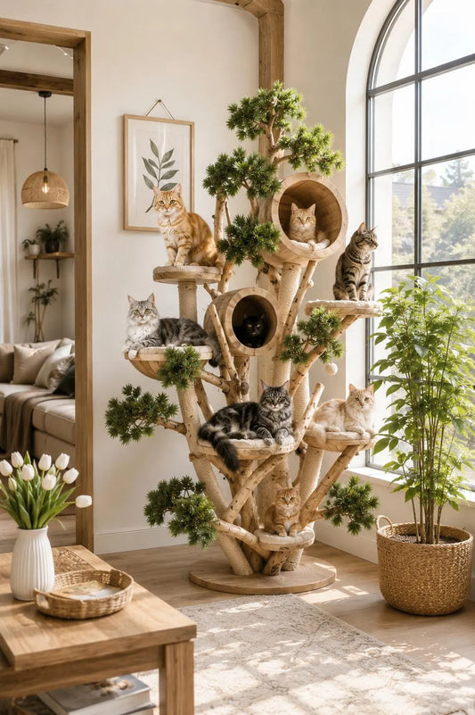 DIY Plan Wooden Cat Tree Tower, Multi-Level Perches, Sisal Scratching Posts, Modern Pet Furniture