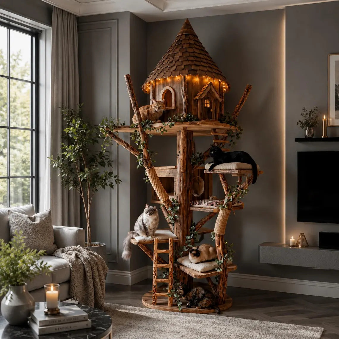 DIY Wooden Cat Tree Tower, Multi-Level Perches, Sisal Scratching Posts, Modern Pet Furniture