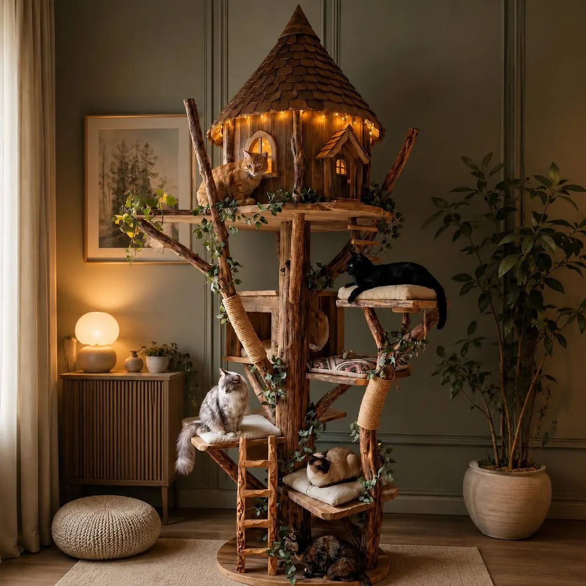 DIY Wooden Cat Tree Tower, Multi-Level Perches, Sisal Scratching Posts, Modern Pet Furniture