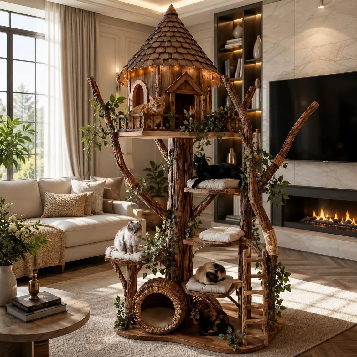 DIY Wooden Cat Tree Tower, Multi-Level Perches, Sisal Scratching Posts, Modern Pet Furniture
